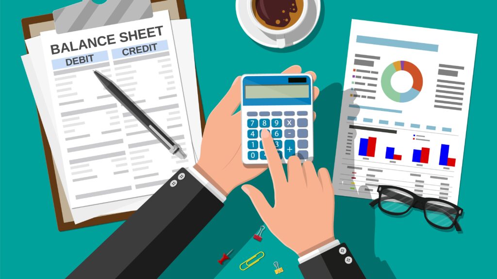 cartoon hands tapping figures into calculator, small business cashflow concept